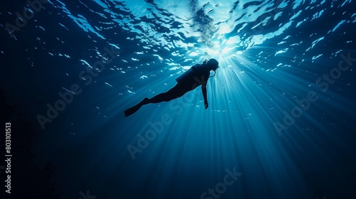 A silhouette of a diver swimming underwater with rays of sunlight filtering through the ocean. photo