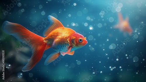 Vibrant orange goldfish swimming underwater with sunlit bokeh bubbles.
