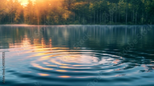 Sunrise over calm lake with forest reflection and ripples on water surface. © kept