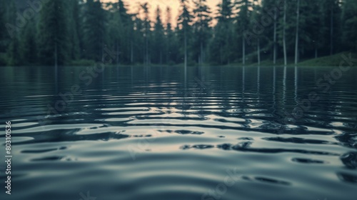 Sunrise over calm lake with forest reflection and ripples on water surface.