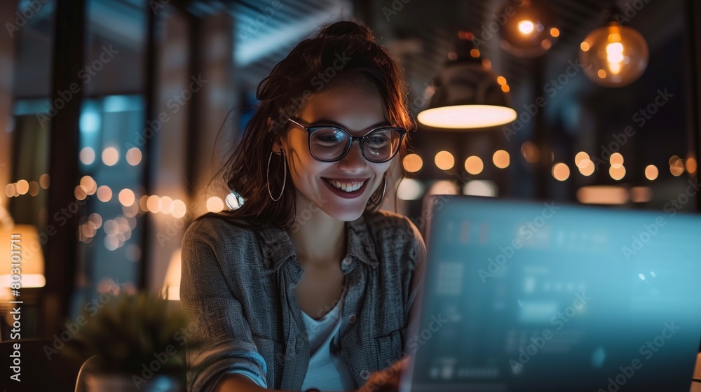 Young woman smiling while working on a laptop in a cozy evening setting with ambient lighting.