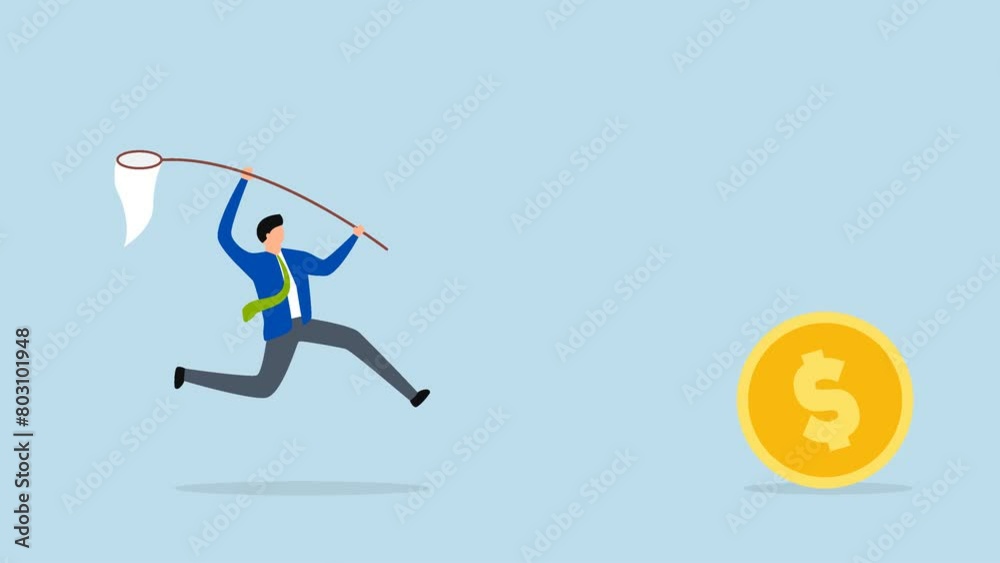 Chasing high performance active mutual fund, 4k animation of investor running after trying to catch an attractive dollar coin with a high yield. Chasing high performance active mutual fund, 4k animation of investor running after trying to catch an attractive dollar coin with a high yield.