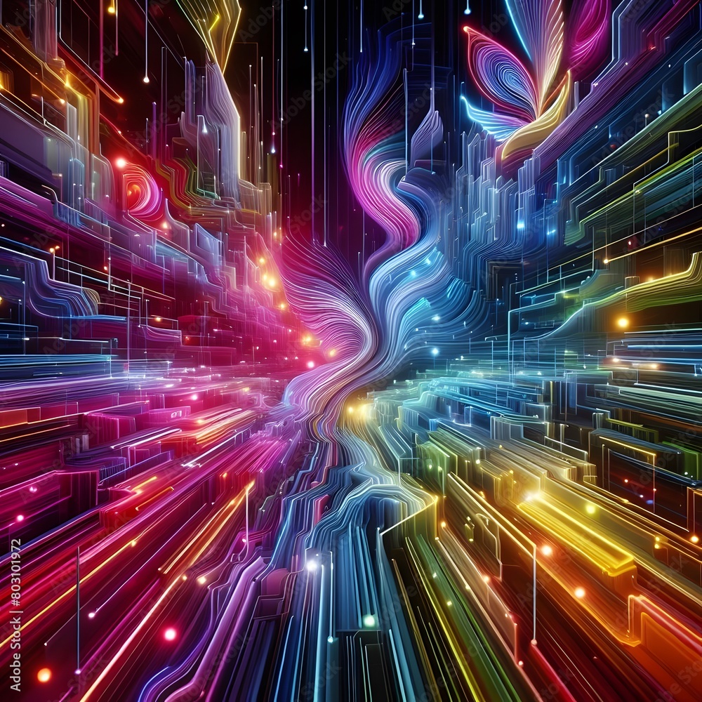 Neon Cascade features abstract colorful shapes cascading display of vibrant neon colors