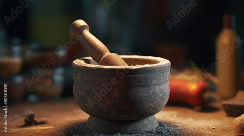 Mortar and pestle with flour on a wooden table.