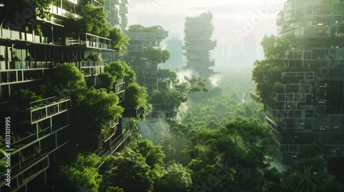 Futuristic green architecture with lush vegetation in a bioengineered urban forest