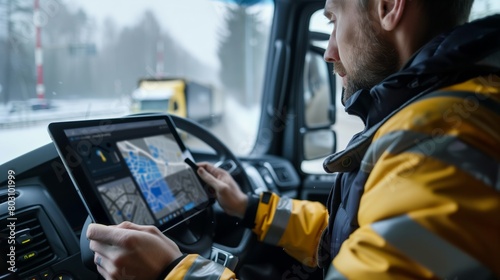 Bearded man in a yellow jacket using a touchscreen map inside a vehicle on a snowy day.