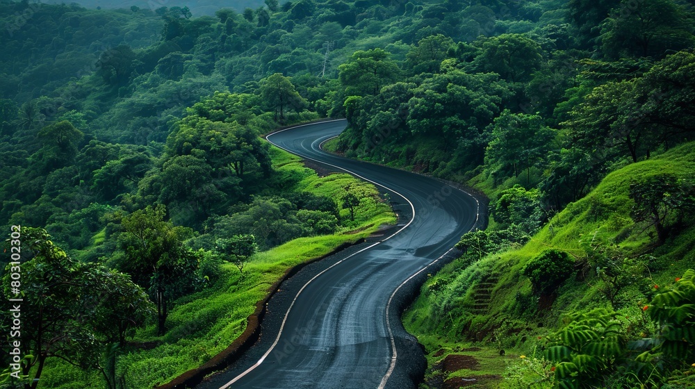 Serpentine road: A scenic route winding through lush green hills, offering a picturesque journey through nature's curves.