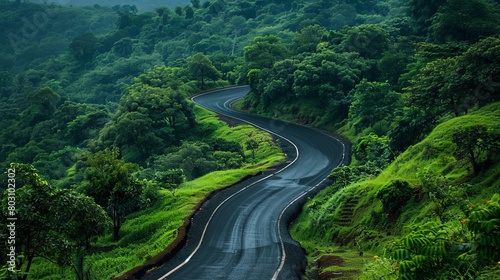 Serpentine road: A scenic route winding through lush green hills, offering a picturesque journey through nature's curves. © chanidapa