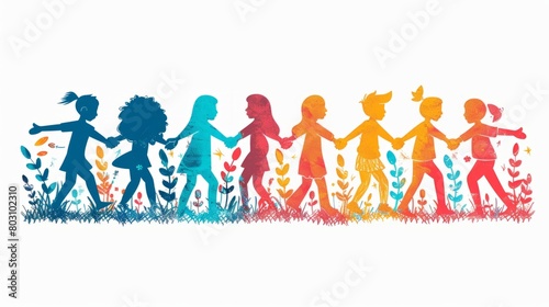 A group of children of different colors holding hands in a field of flowers.