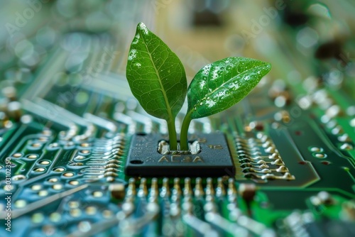 Green Technology Concept: Young Plant Growing from Computer Chip, Eco-Friendly Technology, Sustainable Computing, Symbol of Innovation