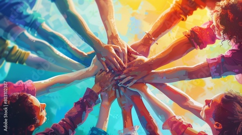 A group of diverse people of all ages and races joining their hands together over a colorful background. photo