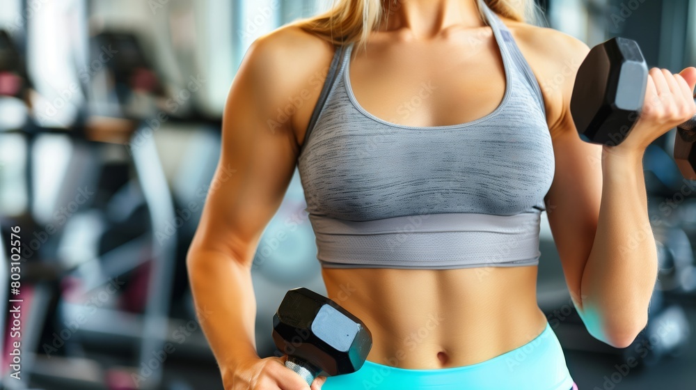 a woman with a fit physique working out at the gym with a dumbbell. a woman with a fit physique working out at the gym with a dumbbell.