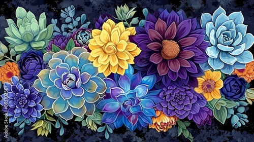 Colorful flowers and succulents are spread all over the place, soft candy colors, cartoon three-dimensional style.