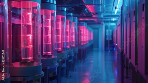 Futuristic biotech lab cultivating sustainable lab-grown meat in transparent containers, illuminated by blue light