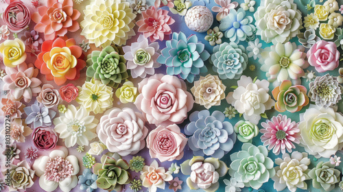 Colorful flowers and succulents are spread all over the place, soft candy colors, cartoon three-dimensional style.