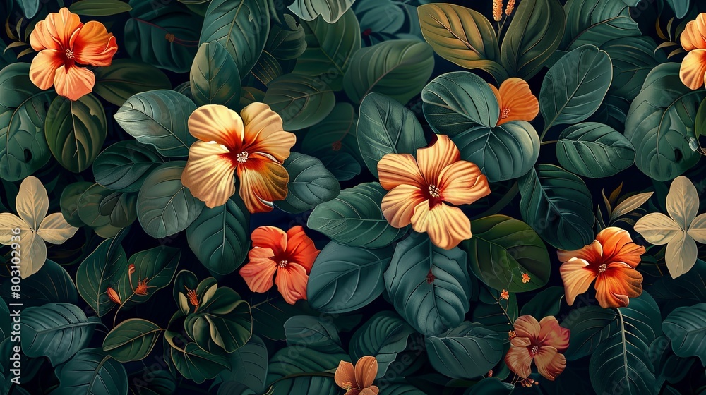 A vibrant image of lush tropical foliage and blooming flowers wallpaper.