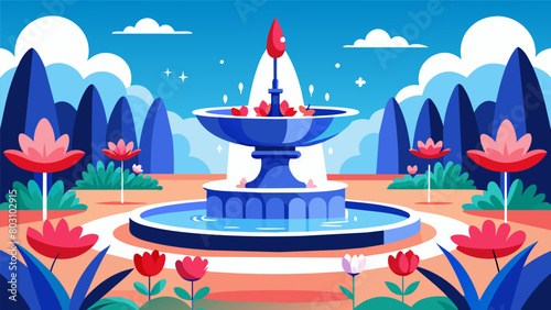 A large fountain stands in the center of the garden adorned with red white and blue water lilies creating a peaceful and patriotic oasis.. Vector illustration