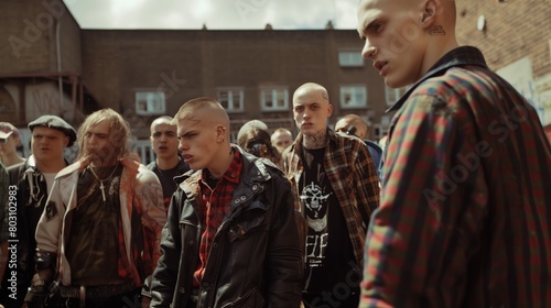 A group of edgy young adults with alternative fashion styles standing together in an urban setting. photo