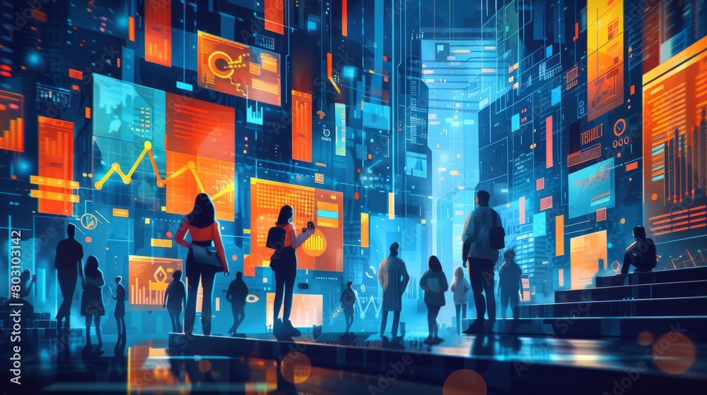 A group of people are walking through a city surrounded by digital screens and information. A group of people are walking through a city surrounded by digital screens and information.