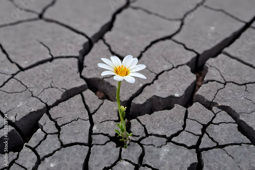Small white flower broke through dry cracked earth, flower broke through dry cracked earth