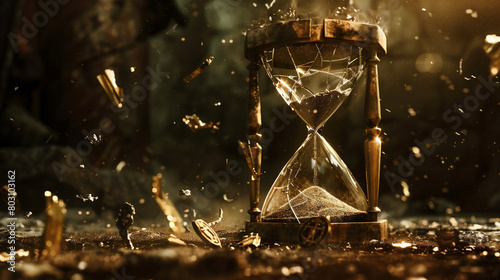  A cinematic depiction of an hourglass with broken glass and sand leaking from it, with ancient magic talismans on it. The background is a little blurry, the lighting is somewhat depressing and dark
