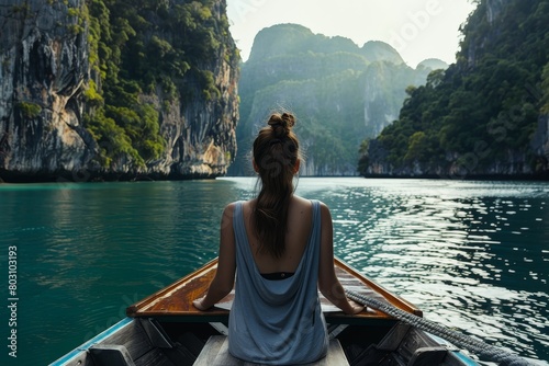 Adventure: Woman Rowing in Scenic Mountain Lake, Nature, Travel, Canoe, Solitude © Bernardo