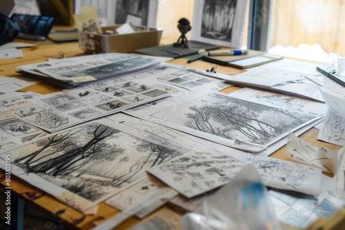 The storyboard planning phase of a stop-motion animation, with sketches of keyframes and scenes photo