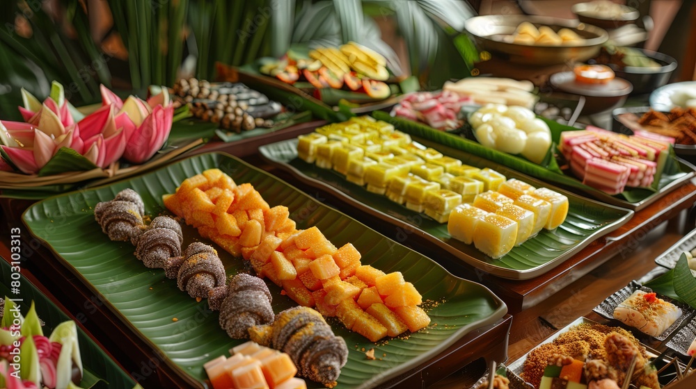 Thai Dessert Delight: Irresistible display of traditional Thai sweets, inviting viewers to savor the exotic flavors and textures.