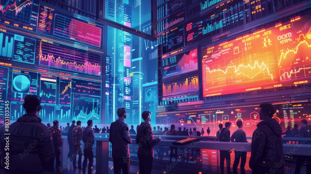 A group of people in a futuristic stock exchange.
