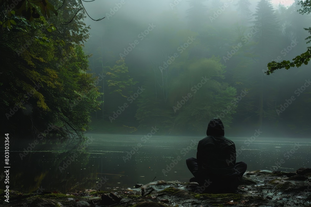Misty Morning Reflections: Solitude, Tranquility, Nature, Man, Foggy Lake Misty Morning Reflections: Solitude, Tranquility, Nature, Man, Foggy Lake