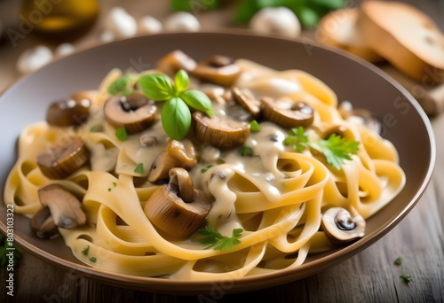 A wooden plate of fettuccine pasta with mushrooms and cream sauce, garnished with parsley