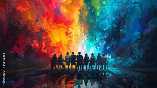 A group of people sit at a table in front of a colorful abstract painting. photo