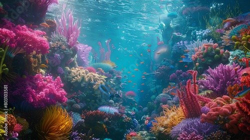 Underwater Paradise  Vibrant coral reef teeming with life  including sea anemones  fish  and lush marine vegetation.