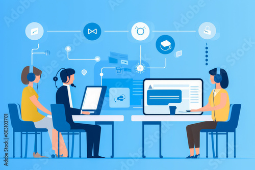 Operators in a call center equipped with phones and surrounded by FAQ icons.