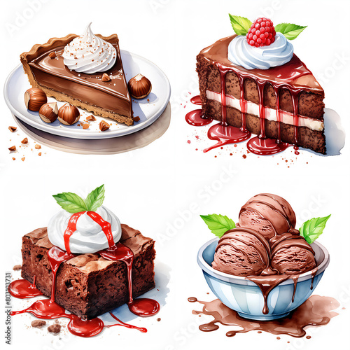 watercolor chocolate desserts tart cake brownie icecream clipart isolated on white (ID: 803103731)