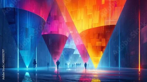 A group of people walking through a colorful futuristic city. photo
