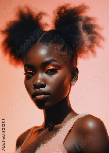 portrait of beautiful millennial African girl playing up the mood with thick curly hairstyle casually posing