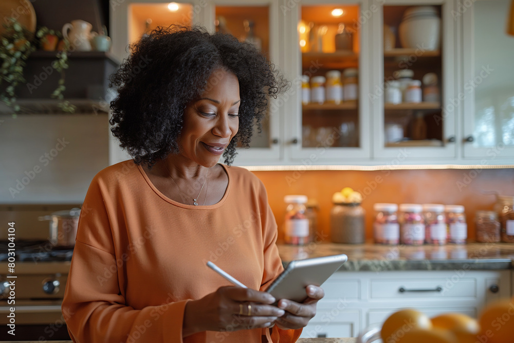 Middle-aged woman using smartphone in kitchen. Represents convenience of modern technology and health-conscious decision-making in domestic settings.