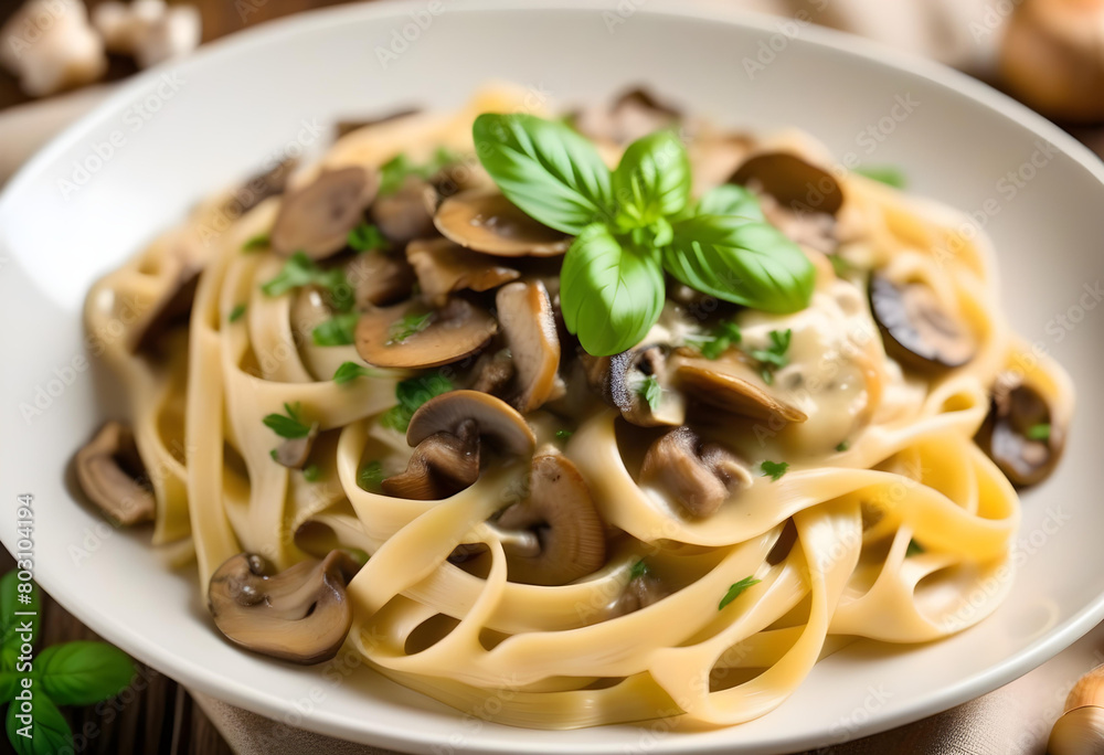 A close-up of a plate of fettuccine pasta with mushrooms and cream sauce A close-up of a plate of fettuccine pasta with mushrooms and cream sauce