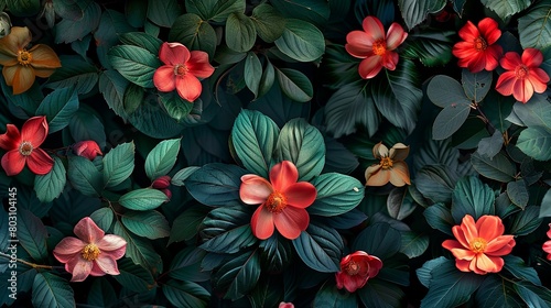 A vibrant image of lush tropical foliage and blooming flowers wallpaper.