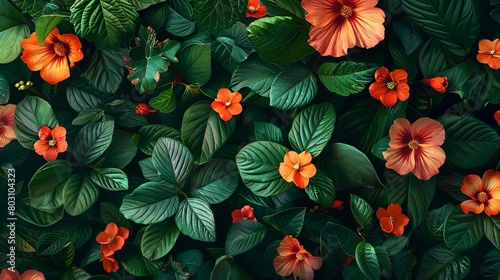 A vibrant image of lush tropical foliage and blooming flowers wallpaper.