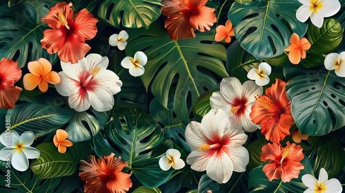 A vibrant image of lush tropical foliage and blooming flowers wallpaper.
