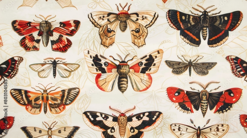 An elegant fabric design adorned with intricate illustrations of different types of moths.. An elegant fabric design adorned with intricate illustrations of different types of moths..