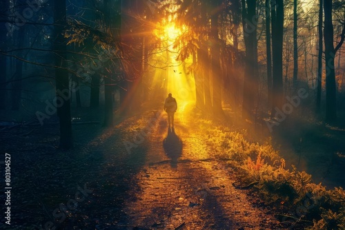 A person walking from a darkened forest into a sunlit clearing, feeling renewed hope and positivity