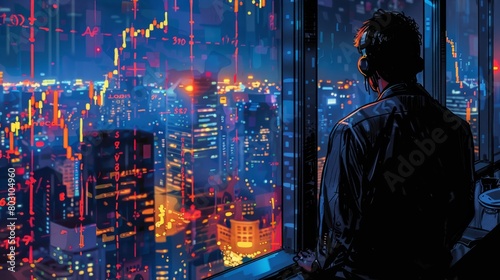 A man looking out the window at the city while contemplating his next move in the stock market.