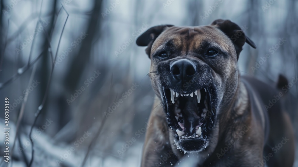 Close-up of a snarling brown dog in a snowy forest, displaying teeth fiercely.