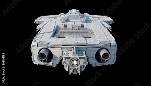 Large Spaceship Gunship Isolated on a Black Background - Front View, 3d digitally rendered science fiction illustration
