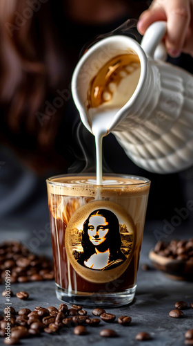 A skilled barista carefully pouring steamed milk into a glass of espresso, creating a remarkably detailed rendition of the Girl within the layered coffee and milk swirls.. photo