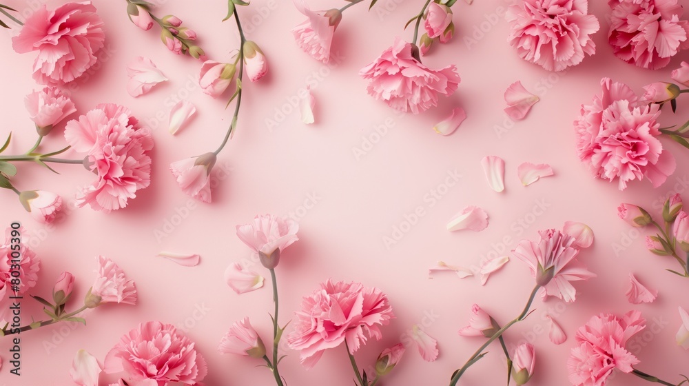 Elegant flat lay of pink carnations and petals scattered on a soft pink background.