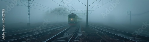 Phantom train on misty tracks, vanishing into a fog with subtle digital distortions and a high tech ambiance